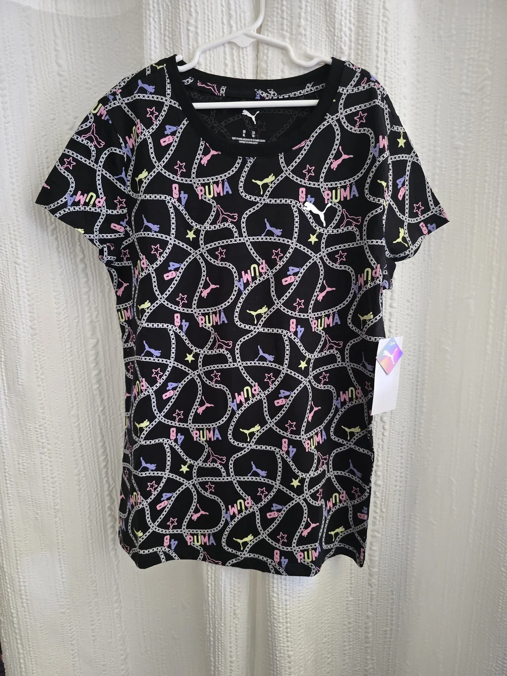 Girs XL Puma Black Tee with Pastel Logo Chain Print
